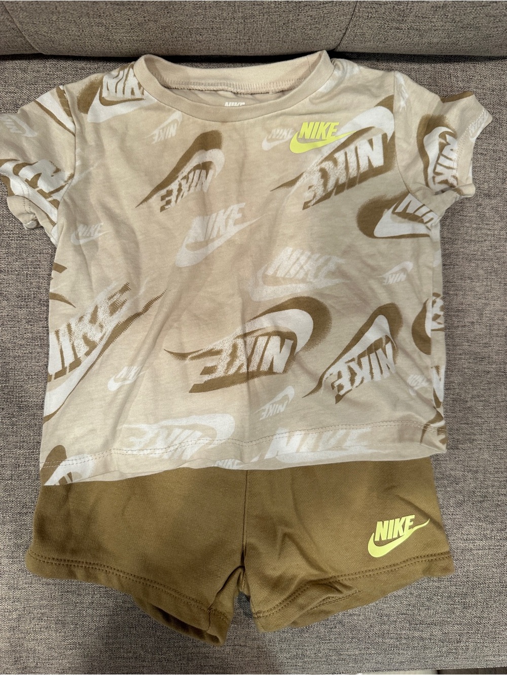 Nike Beige Kids Tee with Neon Yellow Swoosh